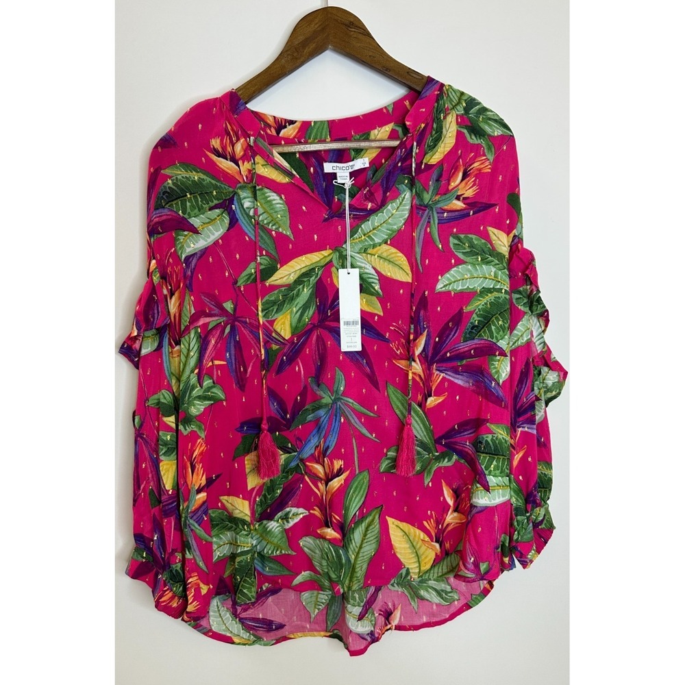 NEW Chico's Double Ruffle Sleeve Vivid Botanical Blouse Tasseled Top Size 1 US 8 - Picture 11 of 11